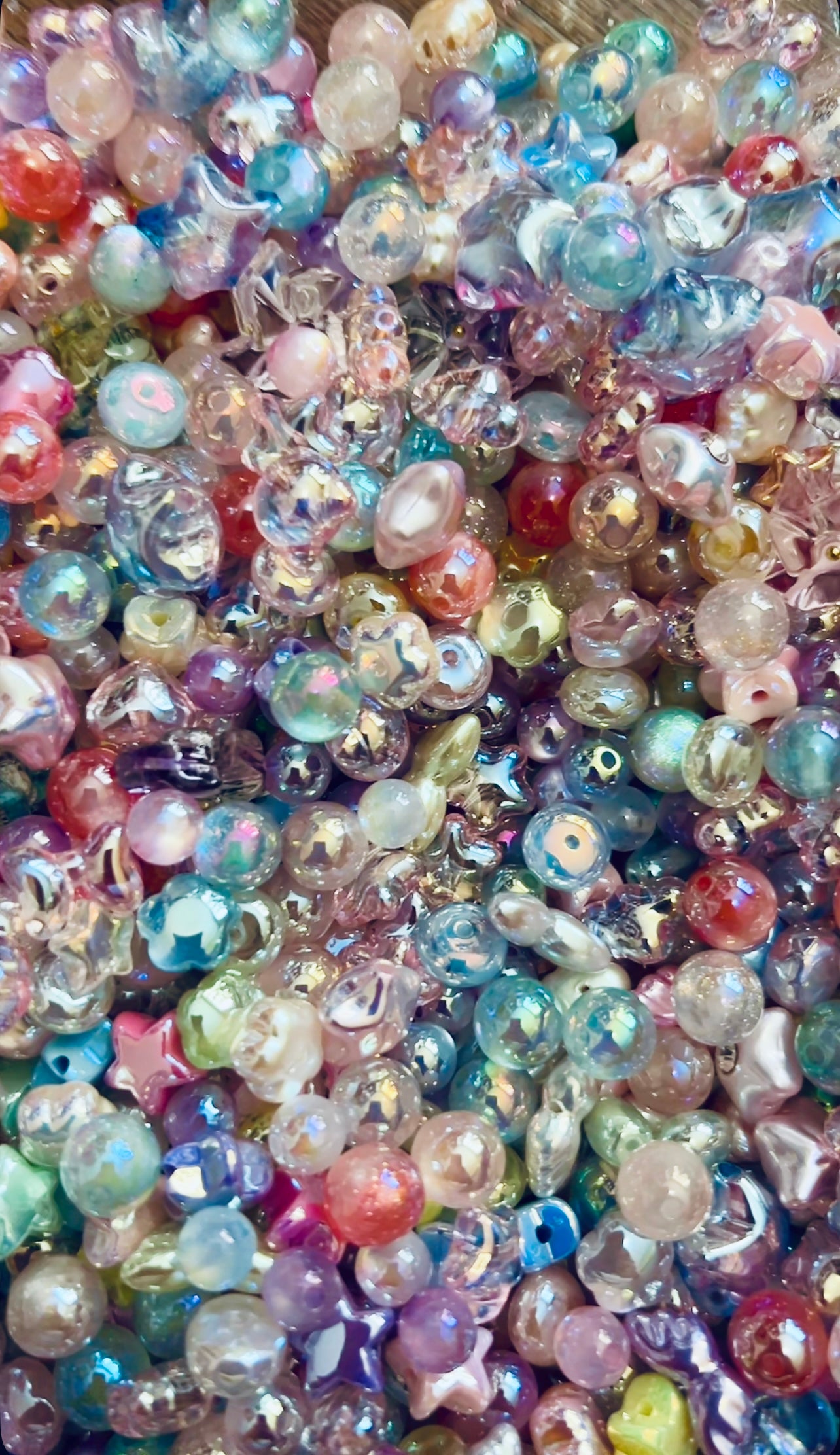 50 pcs shiny, iridescent, and cat eye acrylic Korean style bead mix stars, hearts, pinwheels, round, spacer beads
