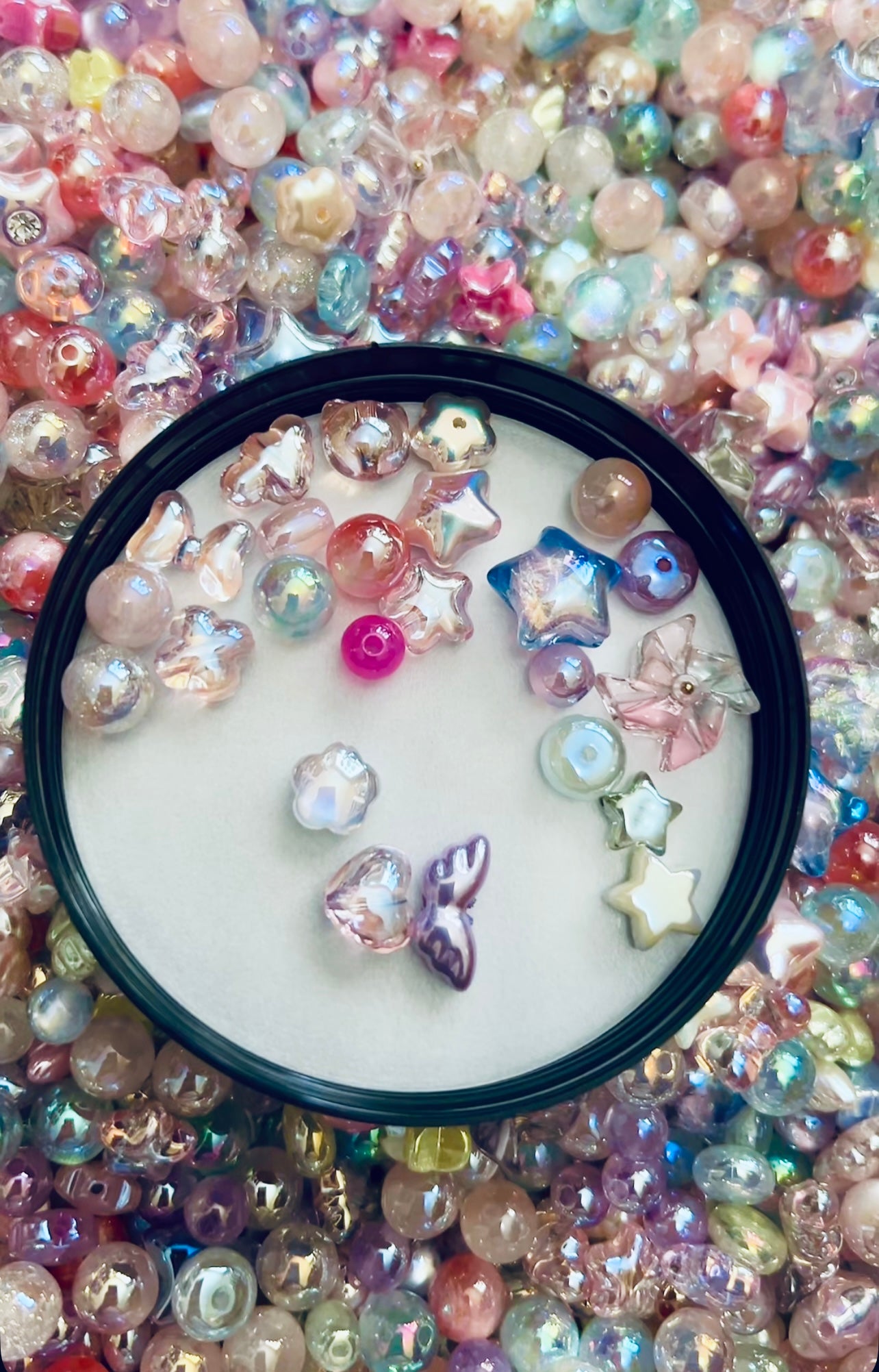 50 pcs shiny, iridescent, and cat eye acrylic Korean style bead mix stars, hearts, pinwheels, round, spacer beads