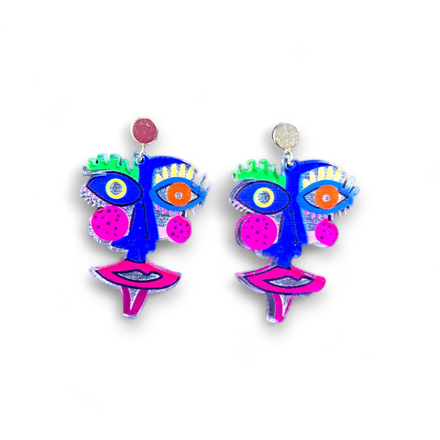 Hot Pink and Electric Blue Laser Cut Acrylic Face Earrings