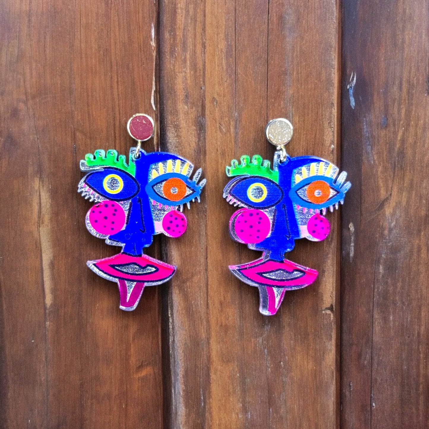 Hot Pink and Electric Blue Laser Cut Acrylic Face Earrings