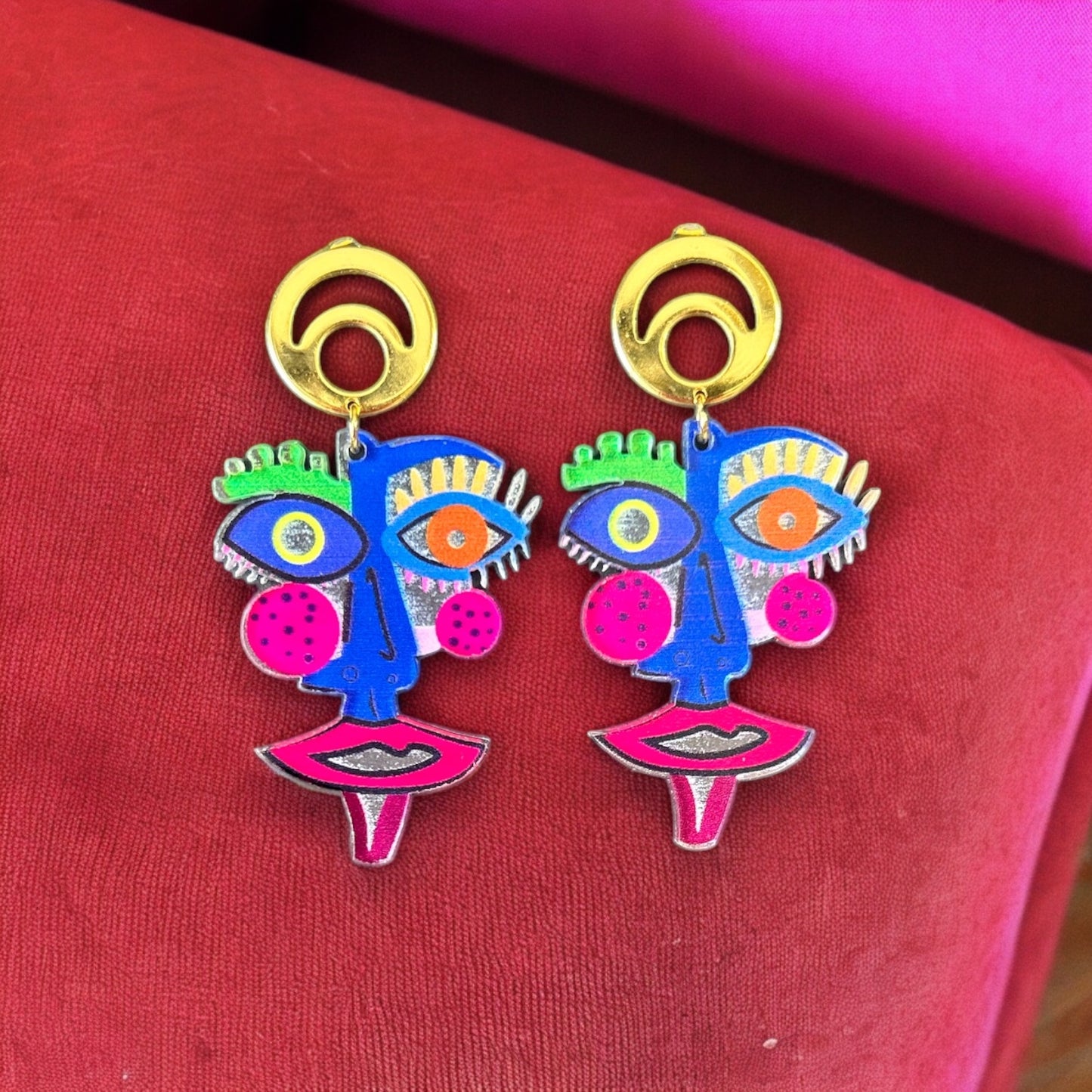 Hot Pink and Electric Blue Laser Cut Acrylic Face Earrings
