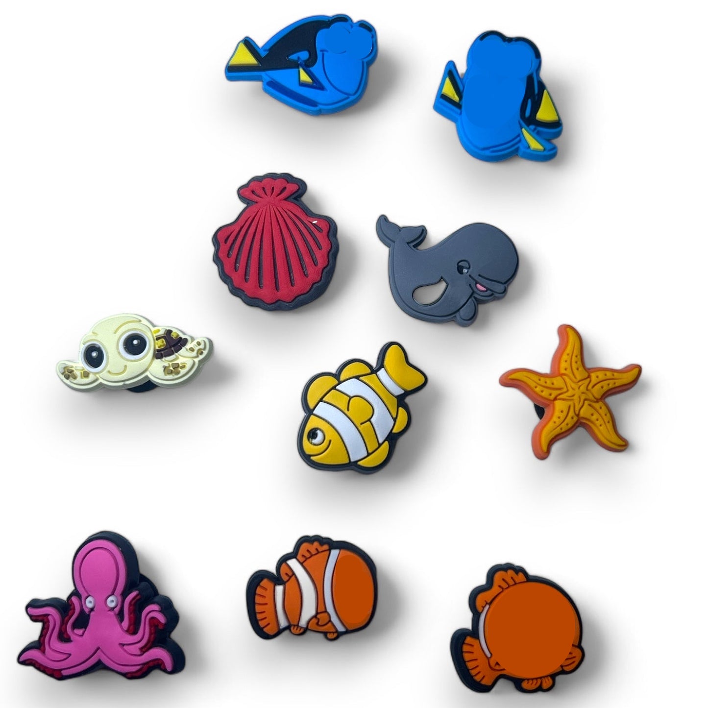 10 pcs Colorful Sea Life Rubber Shoe Charms Decor ft. Clown Fish Blue Tang Star Fish Octopus Shell Whale Footwear