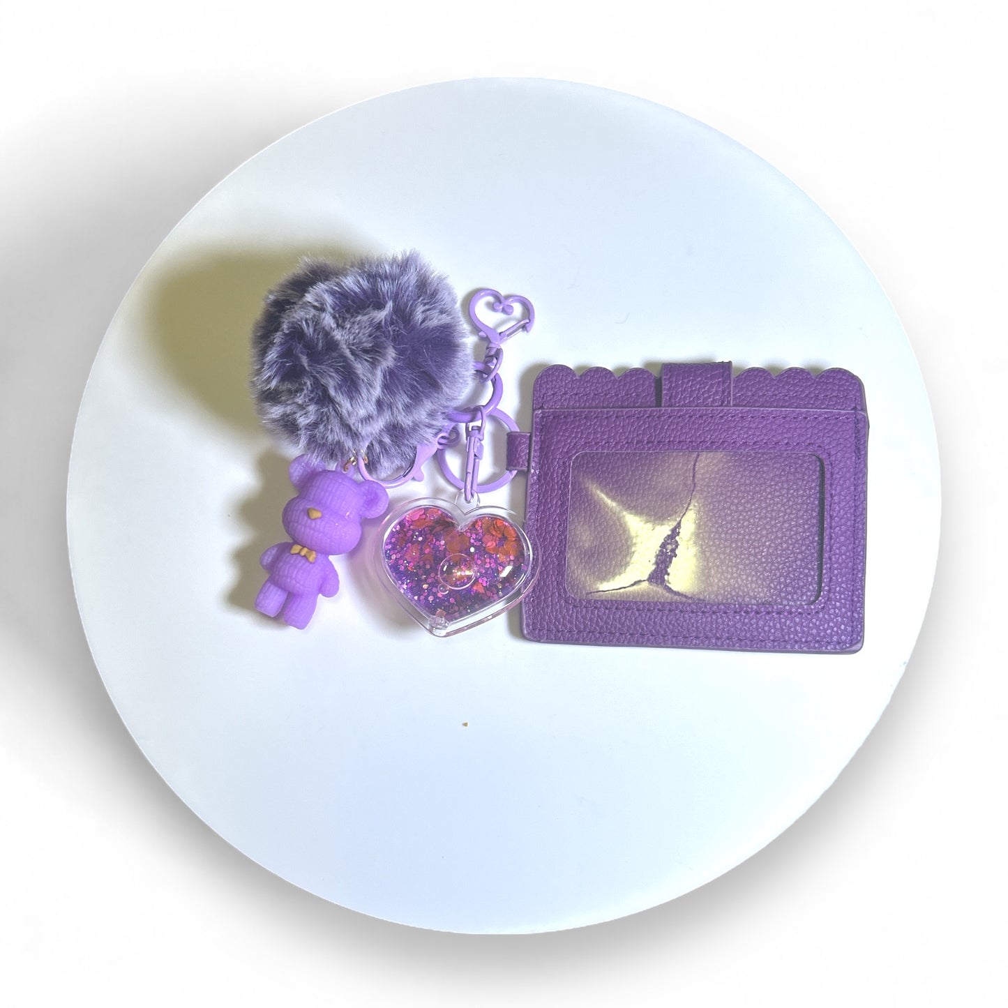 Fancy Cluster Keychain with Fluffy Ball, Multiple Keychains, Leather Card Wallet & Rubber Keychain Character and Glitter Snow Globe Heart