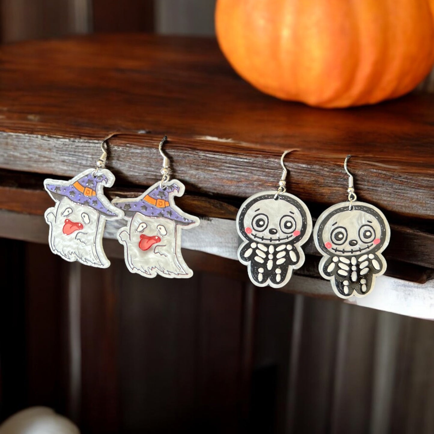Fun Cute Halloween Earrings - Ghost and Skeleton (2 Pairs)