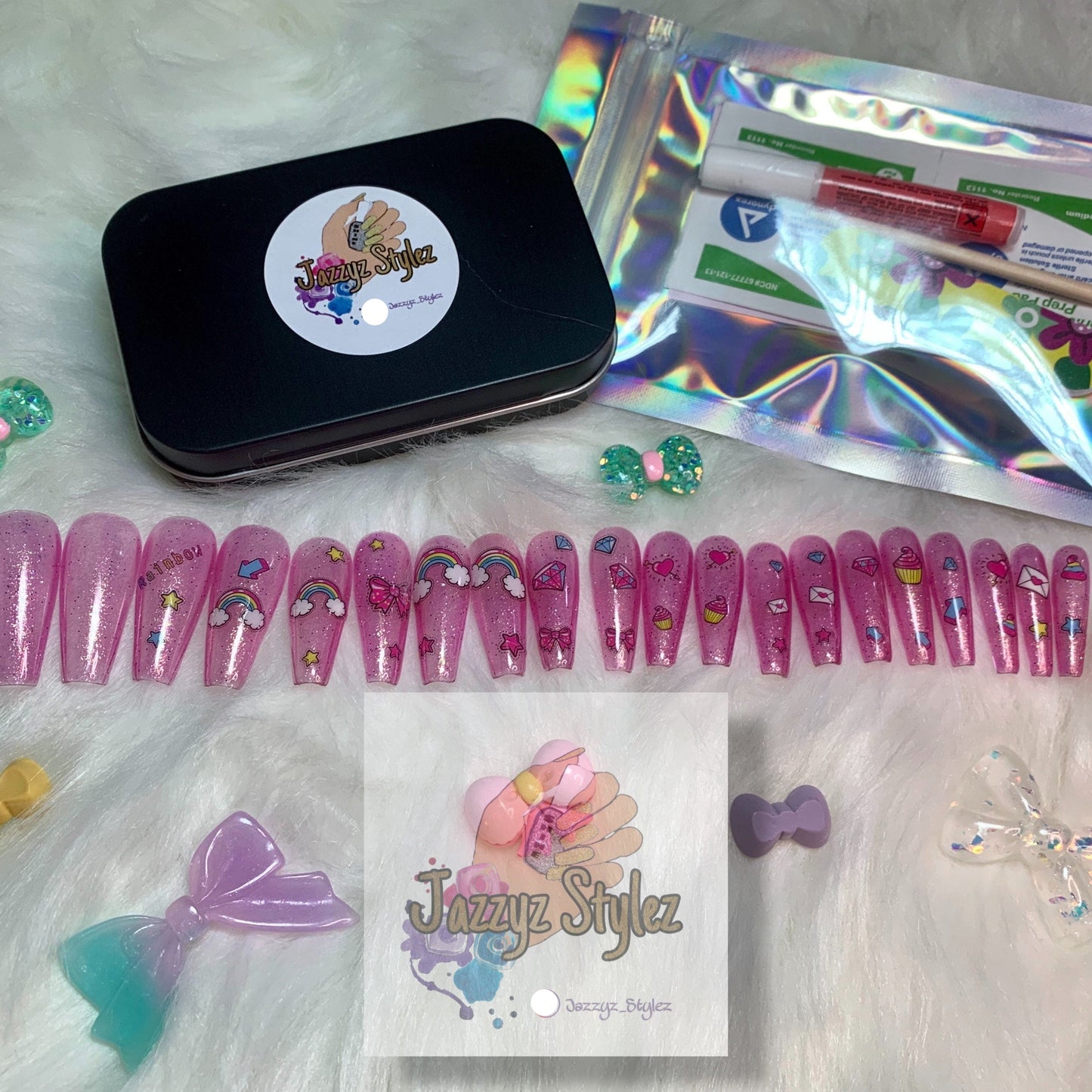 50% OFF!! 20 piece Pink Shimmer Cartoon Rainbow Cupcake Bow Ballerina Press On Nails