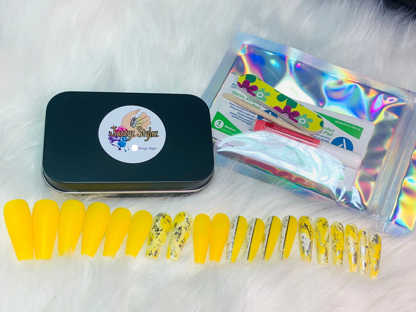 20 Set Summer Fun Sunflower Yellow Silver Grunge Ballerina Press On Nails