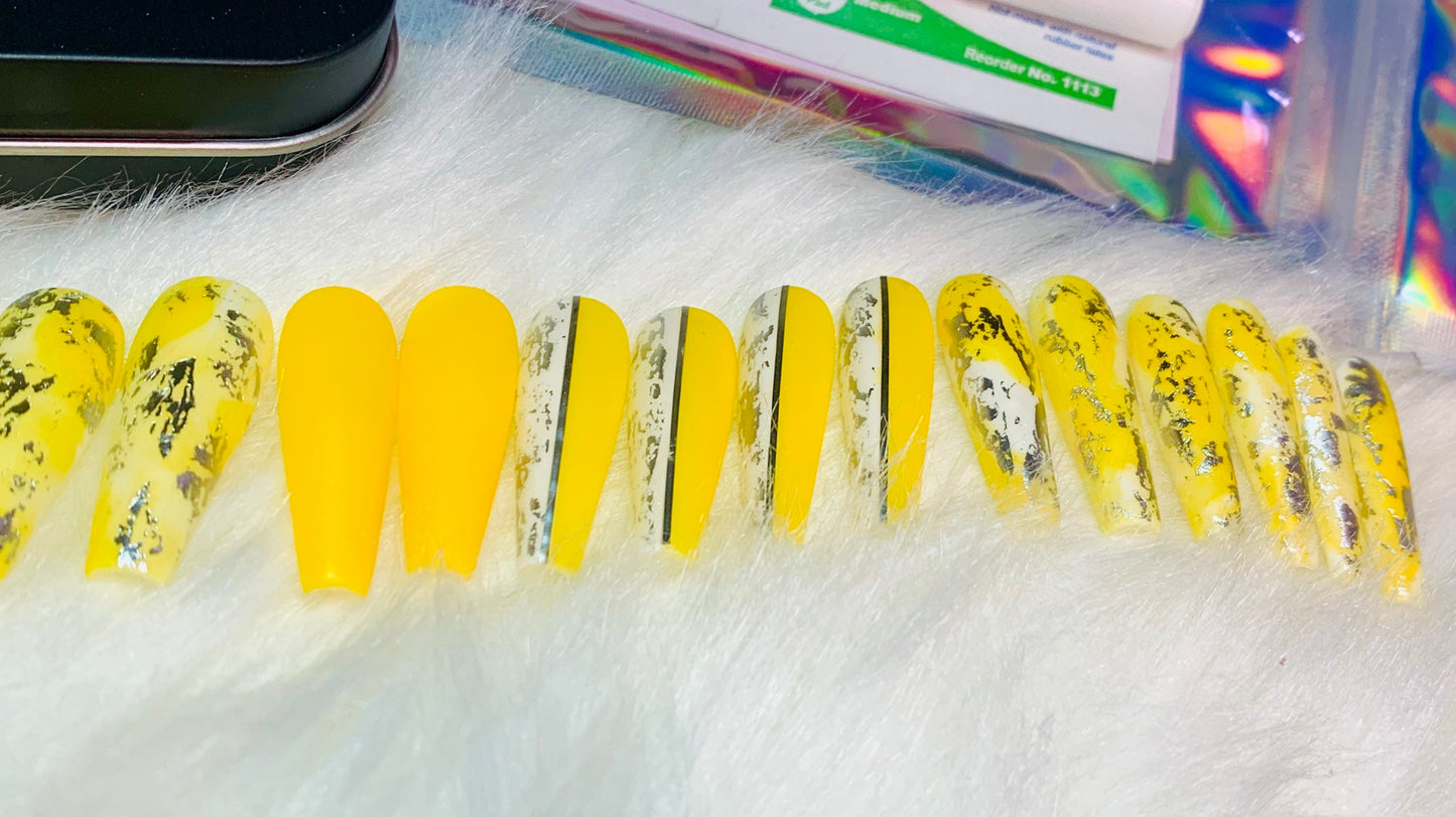 20 Set Summer Fun Sunflower Yellow Silver Grunge Ballerina Press On Nails