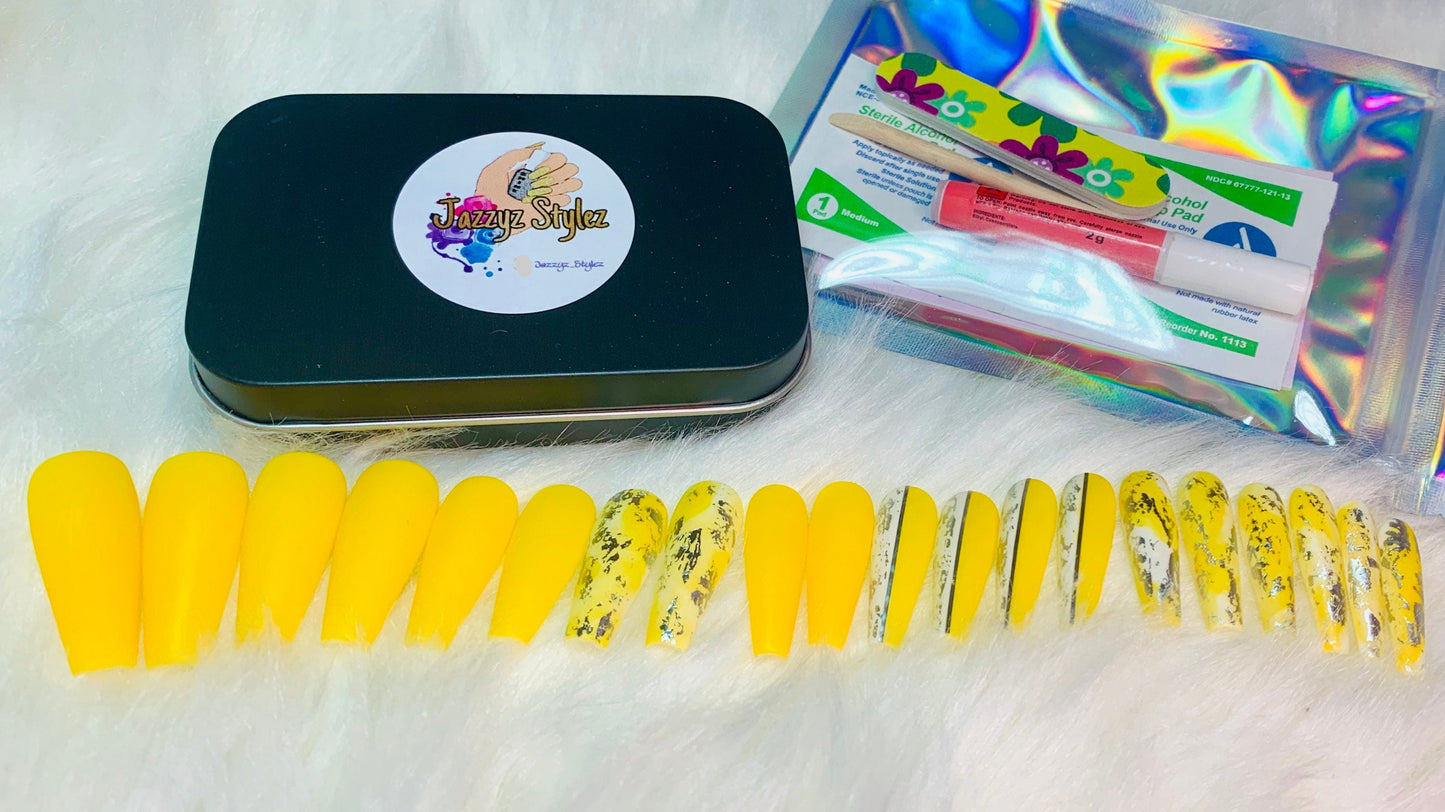 20 Set Summer Fun Sunflower Yellow Silver Grunge Ballerina Press On Nails