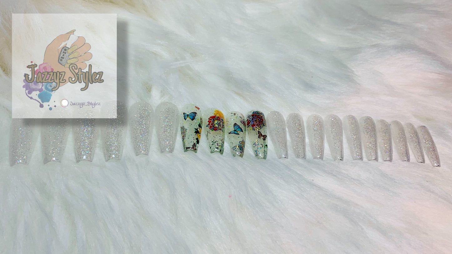 20 piece Acrylic Press Ons with Iridescent sparkles and butterflies