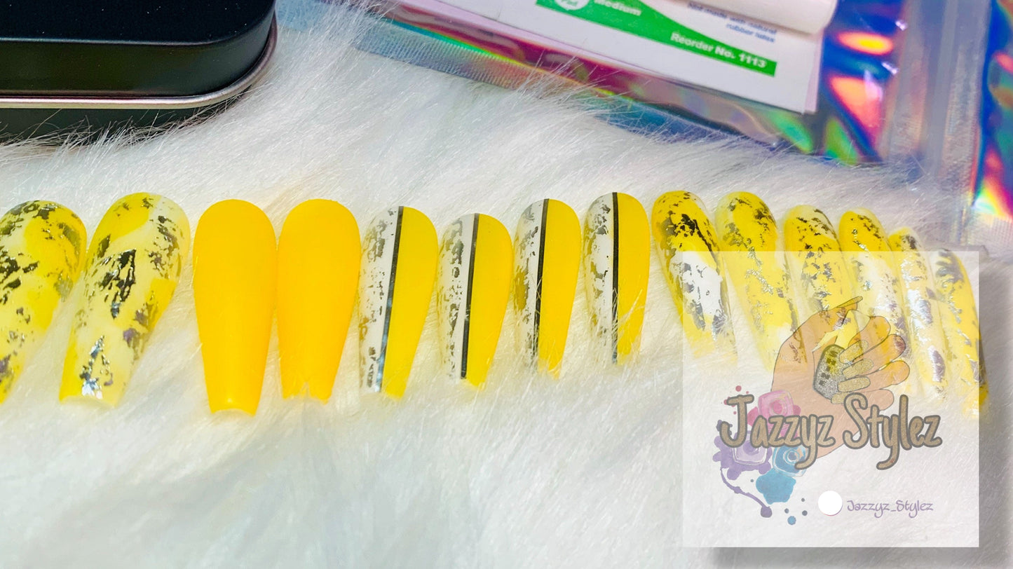 20 Set Summer Fun Sunflower Yellow Silver Grunge Ballerina Press On Nails