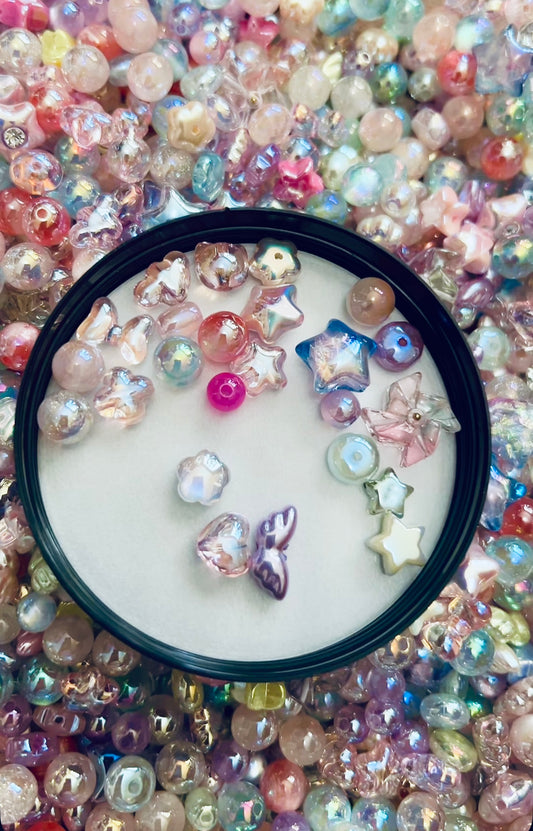 50 pcs shiny, iridescent, and cat eye acrylic Korean style bead mix stars, hearts, pinwheels, round, spacer beads
