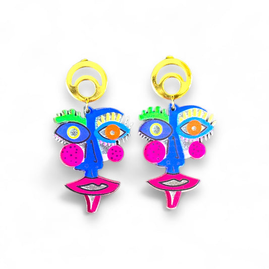 Hot Pink and Electric Blue Laser Cut Acrylic Face Earrings