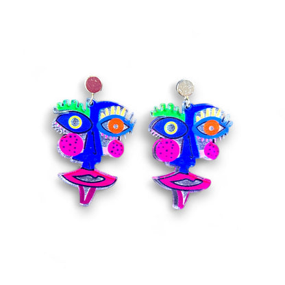 Hot Pink and Electric Blue Laser Cut Acrylic Face Earrings