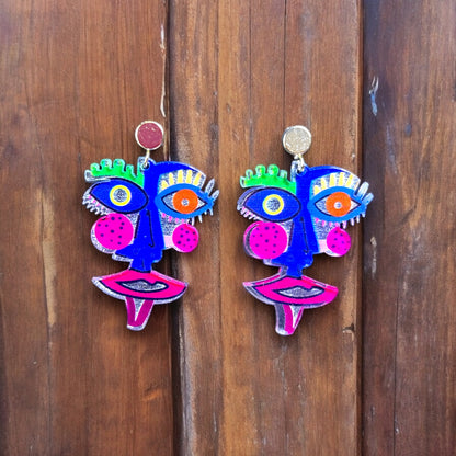 Hot Pink and Electric Blue Laser Cut Acrylic Face Earrings
