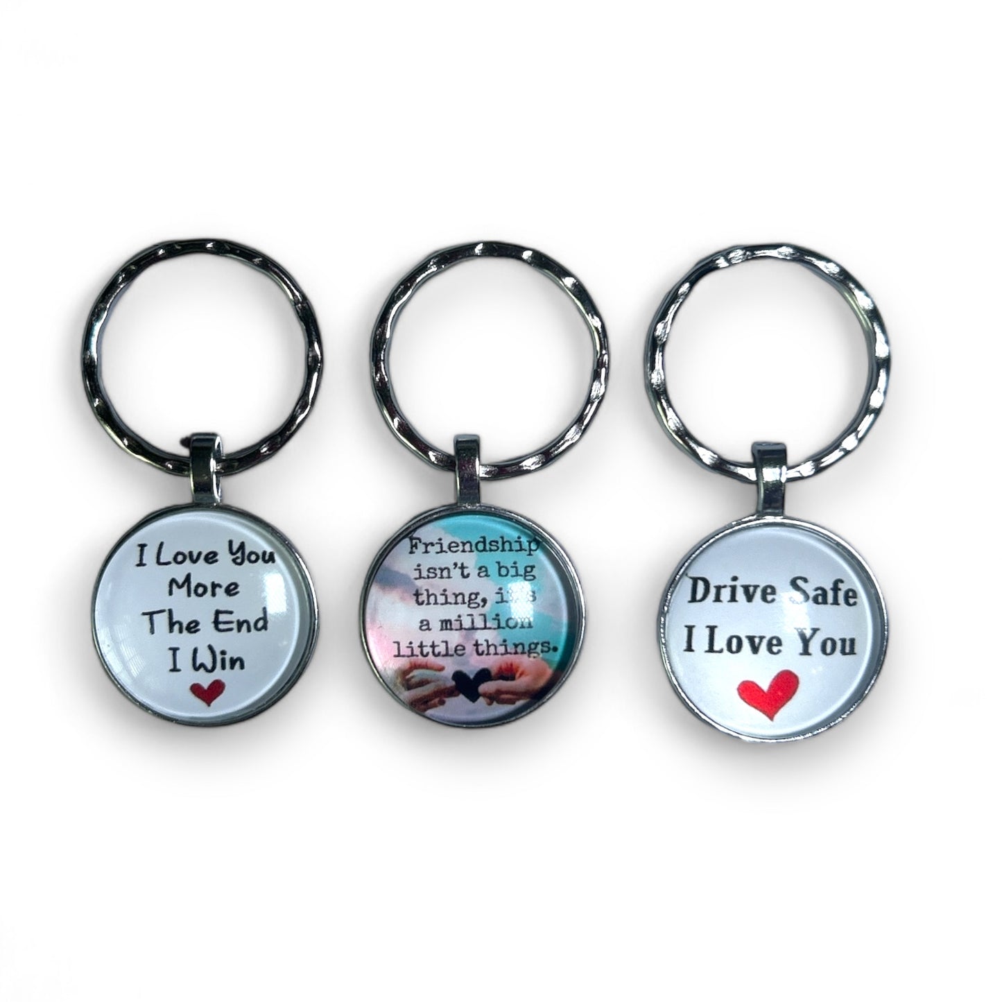 Metal and Glass keychain Love Friendship Drive Safe