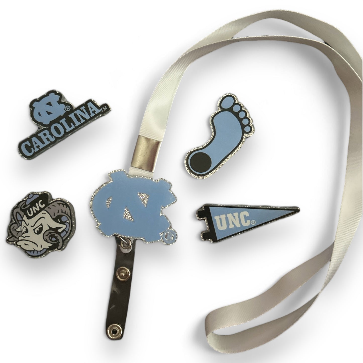 Around The Neck Badge Reel with 5 Interchangeable UNC Designs University of North Carolina Fan Student