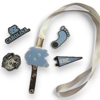 Around The Neck Badge Reel with 5 Interchangeable UNC Designs University of North Carolina Fan Student