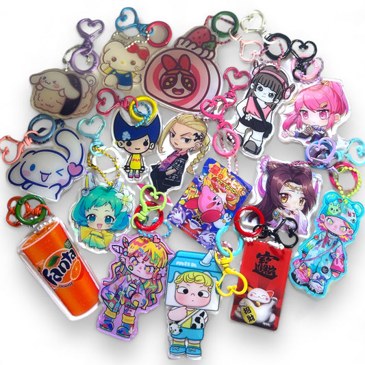 One Of A Kind Kawaii Japanese Anime Acrylic Keychains with Color Coordinated Clip and Keyring, Unique Design and Handcrafted