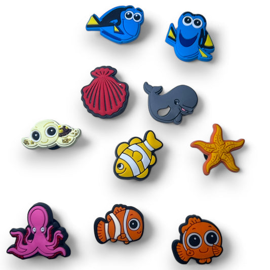 10 pcs Colorful Sea Life Movie Rubber Shoe Charms  Decor ft. Clown Fish Blue Tang Star Fish Octopus Shell Whale Footwear