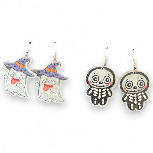 Fun Cute Halloween Earrings - Ghost and Skeleton (2 Pairs)