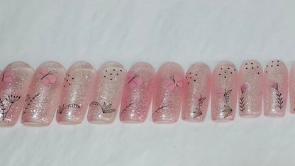 50% OFF!! 20 Piece Pink Butterfly Shimmer Square Press Ons
