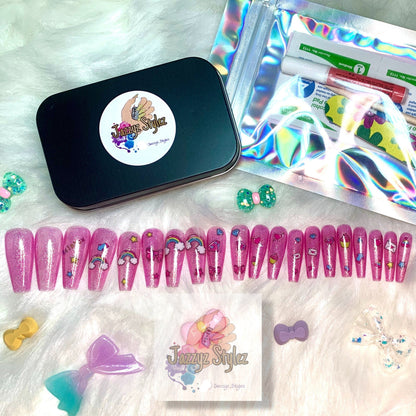 50% OFF!! 20 piece Pink Shimmer Cartoon Rainbow Cupcake Bow Ballerina Press On Nails