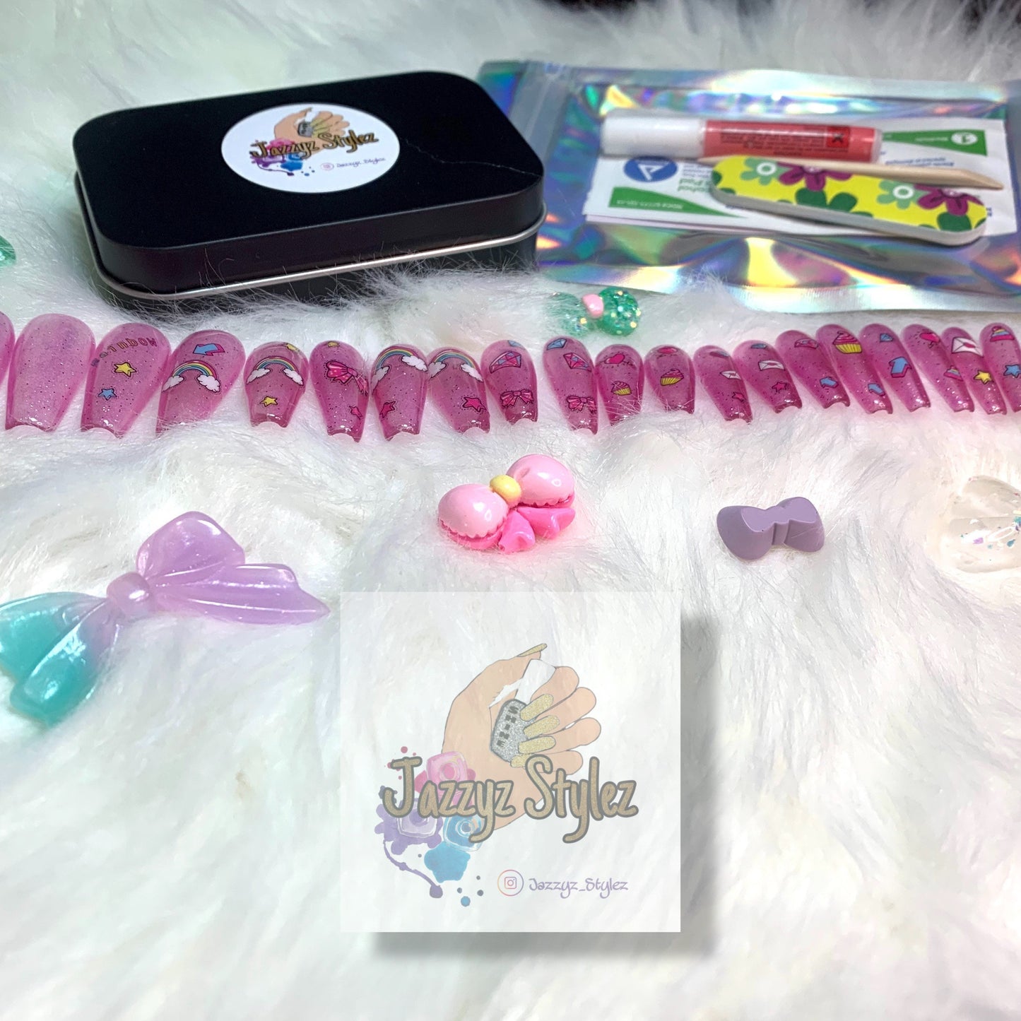 20 piece Pink Shimmer Cartoon Rainbow Cupcake Bow Ballerina Press On Nails