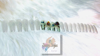 50% OFF!! 20 piece Acrylic Press Ons with Iridescent sparkles and butterflies