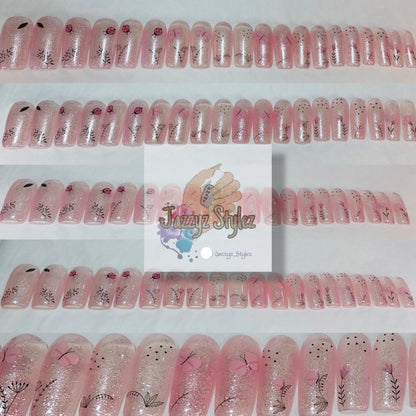 50% OFF!! 20 Piece Pink Butterfly Shimmer Square Press Ons