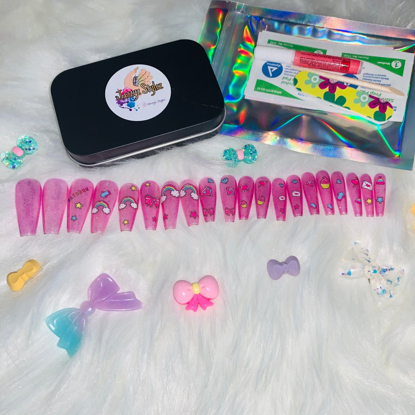 20 piece Pink Shimmer Cartoon Rainbow Cupcake Bow Ballerina Press On Nails