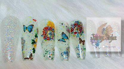 50% OFF!! 20 piece Acrylic Press Ons with Iridescent sparkles and butterflies