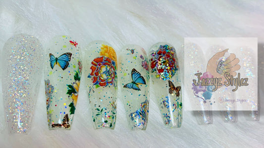 20 piece Acrylic Press Ons with Iridescent sparkles and butterflies