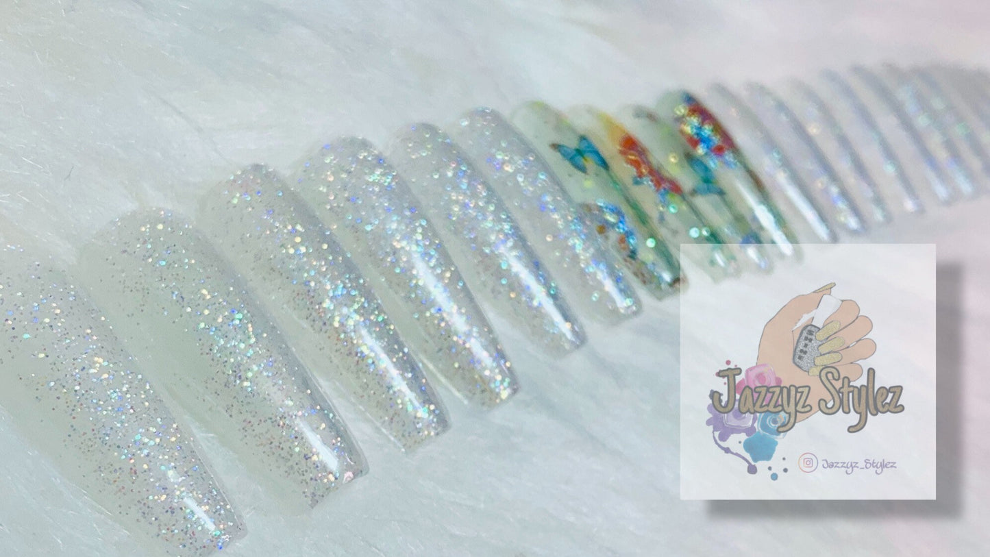 20 piece Acrylic Press Ons with Iridescent sparkles and butterflies