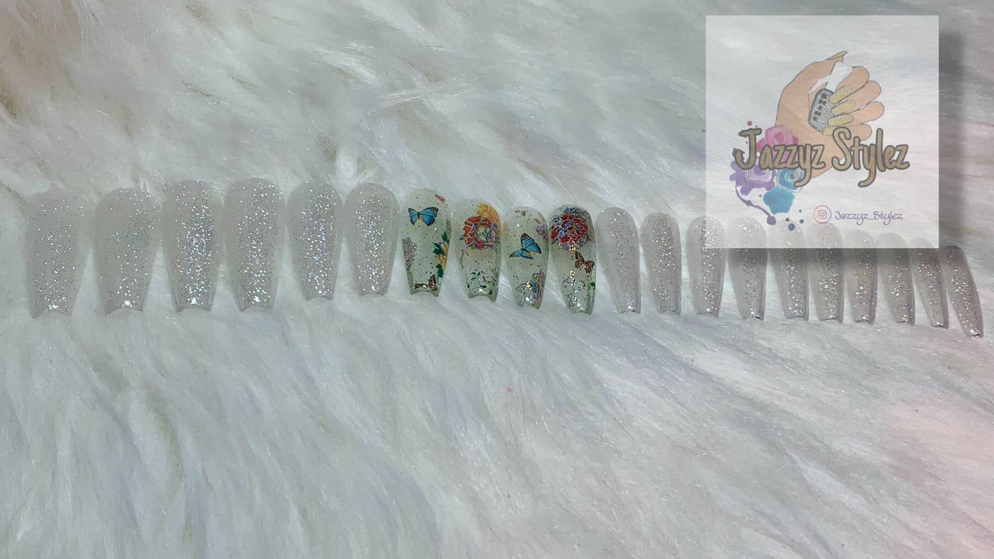 20 piece Acrylic Press Ons with Iridescent sparkles and butterflies